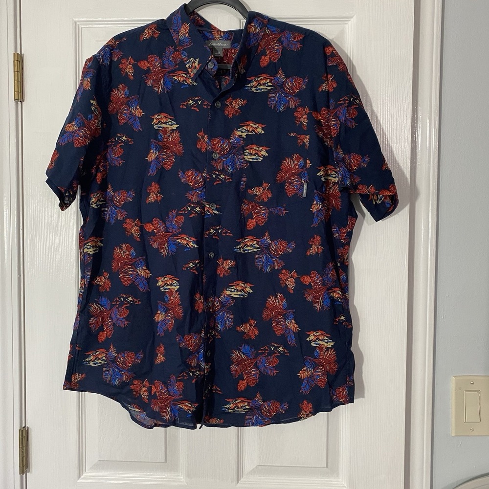 Eddie Bauer Men's Short Sleeve Button-Up Shirt XL‎ Hawaiian Blue 100% Cotton